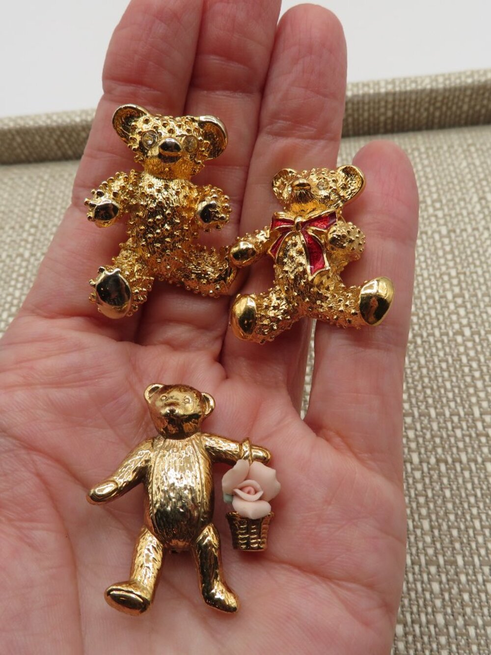 Vintage Teddy Bear Lot of Three Gold Tone Pins Brooches